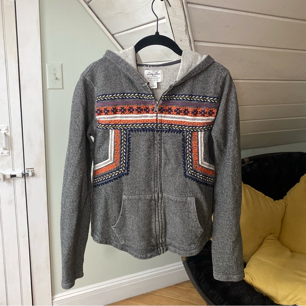 Lucky Lotus Zippered Hoodie Embroidered Nordic Design Large